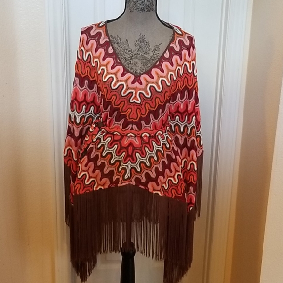 Crochet Kimono Fringe V-neck Tunic - Picture 1 of 5